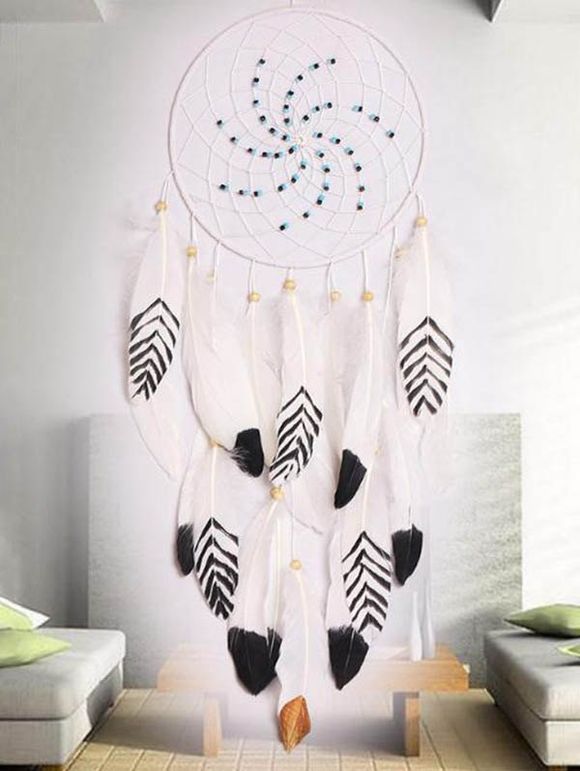 Attrape-Rêve Orné de Plumes Fantaisies Style Bohémien Décor Maison - Blanc 