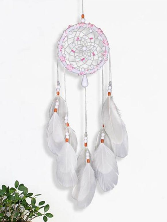 Attrape-Rêves Motif Plumes et Perles Rondes Décor Maison - Blanc 