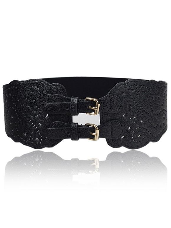 Ceinture de Taille Large Élastique en Simili Cuir Festonnée avec Boucle à Sculpture Creuse - Noir 1PC
