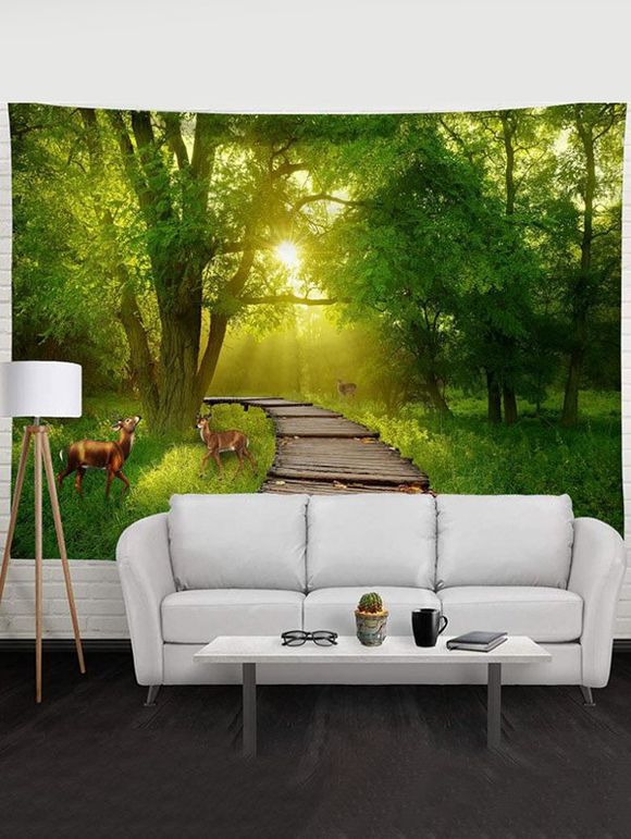 Tapisserie Murale à Imprimé Paysage de Forêt Animal et Rayon de Soleil Décor Maison - Vert clair 95 CM X 73 CM