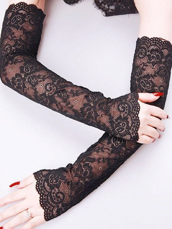 Gants Longs Gothique Fleur en Dentelle Transparente - Noir 1 PAIR
