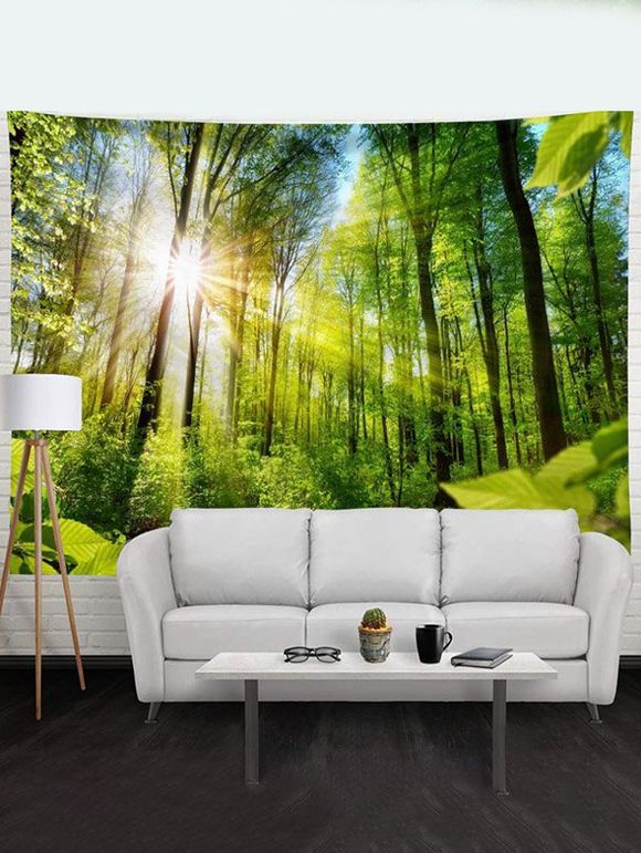 Tapisserie Murale à Imprimé Paysage de Forêt et Rayons de Soleil Décor Maison - Vert clair 95 CM X 73 CM