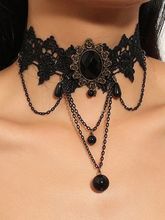Collier Ras-de-Cou en Dentelle avec Pendentif Goutte et Strass Style Punk - Noir 1PC