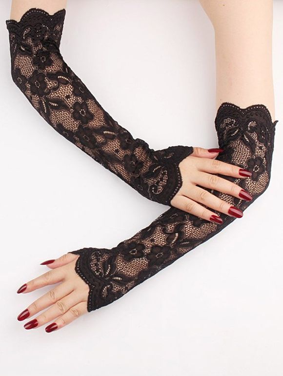 Gants Longs Gothique Fleur en Dentelle Transparente - Noir 1 PAIR
