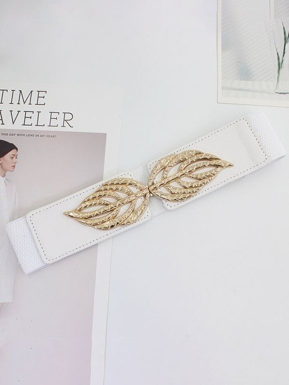 Ceinture de Taille Élastique en Simili Cuir avec Boucle en Forme de Feuille à Sculpture Creuse - Blanc 1PC