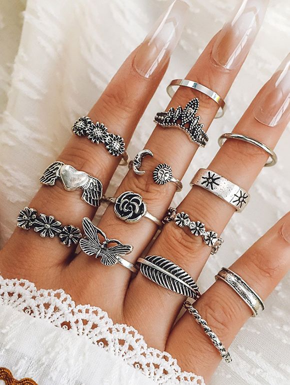 14 Pièces Ensemble de Bague Rétro Feuille Papillon Fleur - Argent RING SET