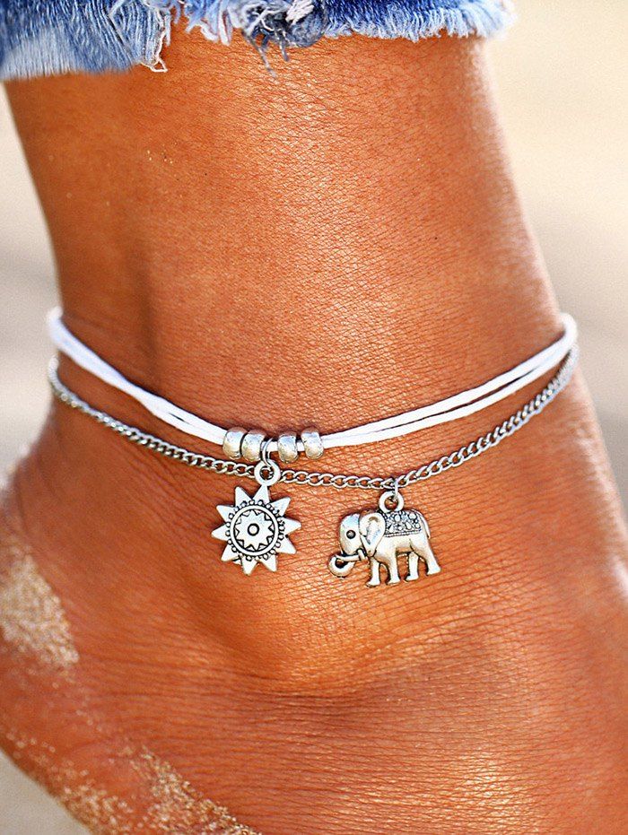 Cute Sun Elephant Charms Layered Anklet Beaded Becah Ankle Chain - SILVER REGULAR