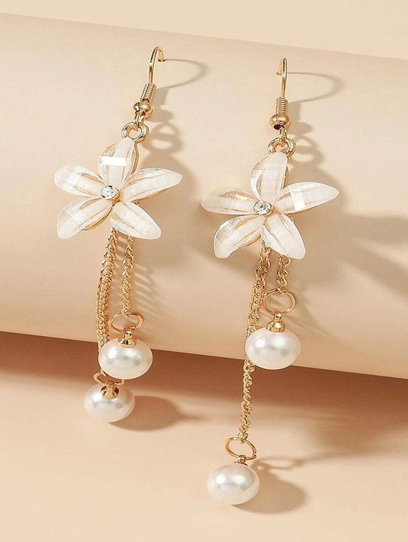 Boucles D'Oreilles Pendantes 3D Fleur Strass en Fausse Perle - Blanc 
