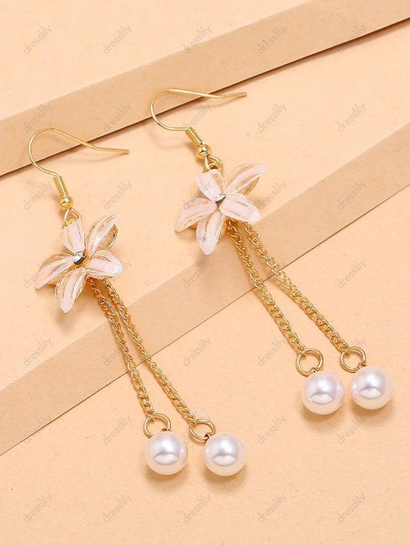 Boucles D'Oreilles Pendantes 3D Fleur Strass en Fausse Perle - Blanc 