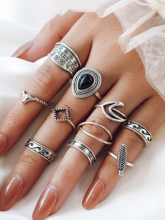 10 Pièces Ensemble de Bagues Motif Feuille et Fleur et Géométrie Style Rétro - Argent RING SET