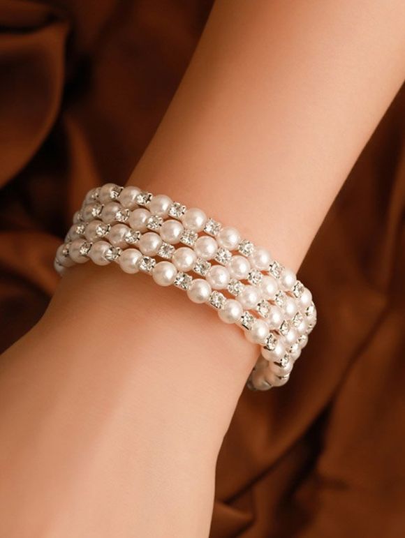 Bracelet Evidé en Fausse Perle avec Strass - Blanc 