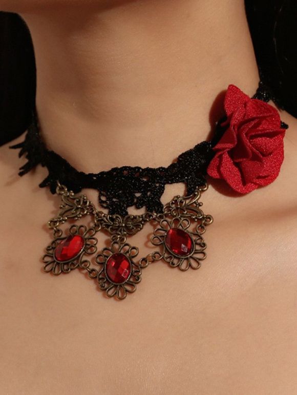 Collier Ras-de-Cou Rosette en Dentelle Motif Fleur et Goutte en Diamant Fantaisie Style Gothique - Noir 1PC
