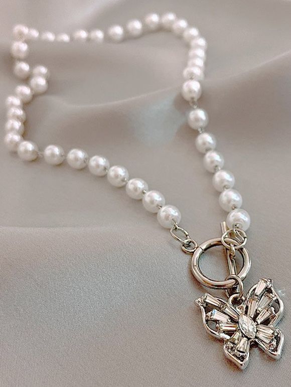Collier Tendance avec Pendentif Papillon et Perle Fantaisie - Blanc 