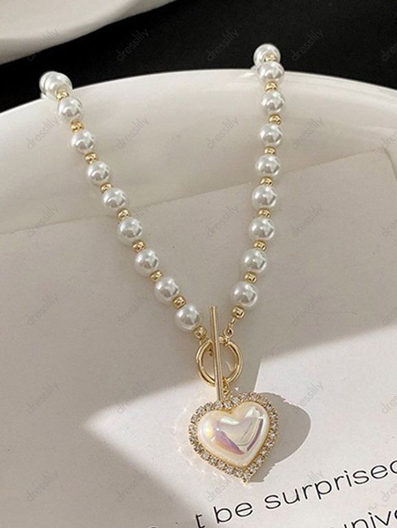 Collier Tendance avec Pendentif Cœur et Perle Fantaisie - Blanc 