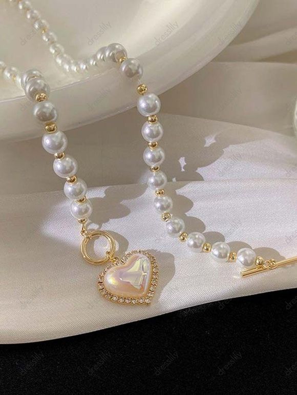 Collier Tendance avec Pendentif Cœur et Perle Fantaisie - Blanc 