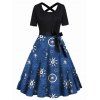 Sun Moon Print Dress Crisscross Bowknot Belted Short Sleeve High Waisted A Line Midi Dress