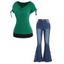 Ensemble de T-shirt Déchiré en Blocs de Couleurs à Manches Courtes à Col V et Jean Zippé Fleur Brodée - multicolor S