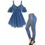 O Ring Floral Embroidery Hollow Out Empire Waist Cold Shoulder T Shirt And Faux Denim 3D Print Panel Skinny Leggings Outfit - BLUE S