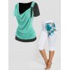 Ensemble de T-shirt Décontracté à Imprimé Fleur en Blocs de Couleurs à Col Bénitier et Legging Capri - multicolor S