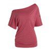 Off The Shoulder T-shirt Mock Button Short Sleeve Casual Tee - RED XXL
