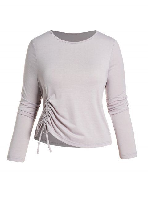 Plus Size Solid Color Cinched T-shirt Long Sleeve Round Neck Casual Curve Tee