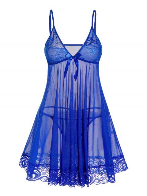 Lace Panel See Thru Mesh Bowknot Plunging Neck Lingeries Dress And T Back Lingeries Set