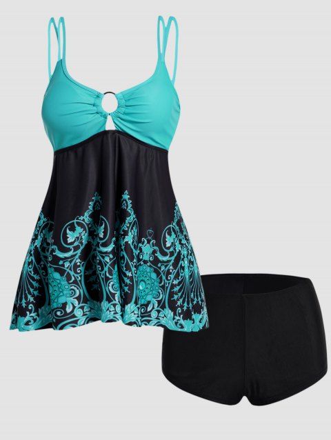 Tribal Flower Print Tankini Swimsuit Keyhole Dual Adjustable Straps Tankini Swimwear Boyleg Bathing Suit
