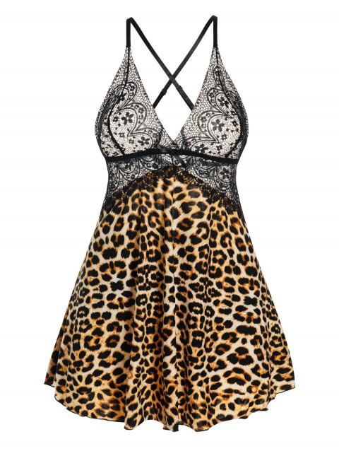 Plus Size See Thru Lace Panel Leopard Print Lingeries Dress And T Back Lingeries Set