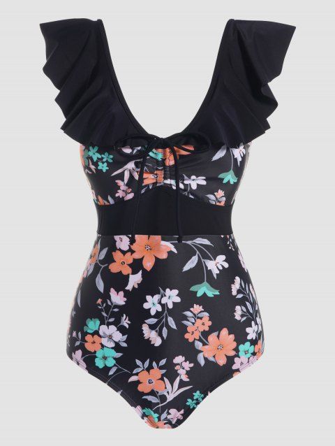 Flower Print One-piece Swimsuit Ruffles Cinched Adjustable Straps Cut Out One-piece Swimwear