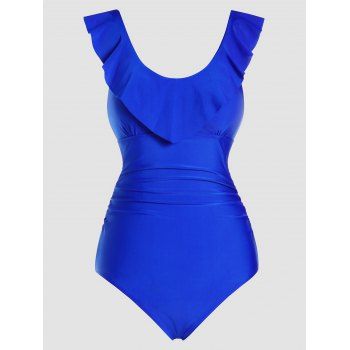 Plain Color One-piece Swimsuit Flounce Ruched Padded Strap One-piece Swimwear
