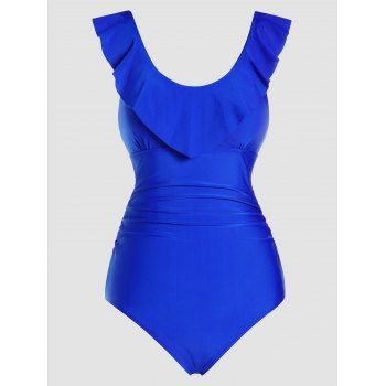 

Plain Color One-piece Swimsuit Flounce Ruched Padded Strap One-piece Swimwear, Deep blue