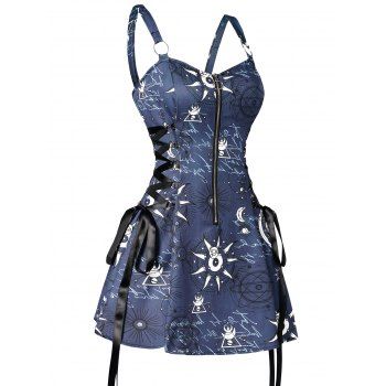 

Sun Star Print Dress Half Zipper Lace Up High Waisted Strap A Line Mini Dress, Deep blue