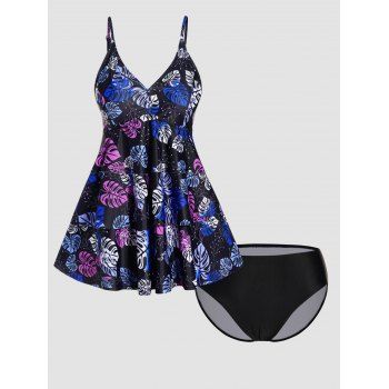 

Modest Tankini Swimsuit Colored Leaf Print Layered Swimwear Padded High Waisted Vacation Bathing Suit, Multicolor