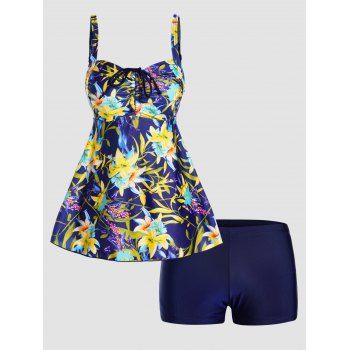 

Modest Tankini Swimsuit Cinched Colored Flower Print Tropical Swimwear Padded Vacation Bathing Suit, Multicolor