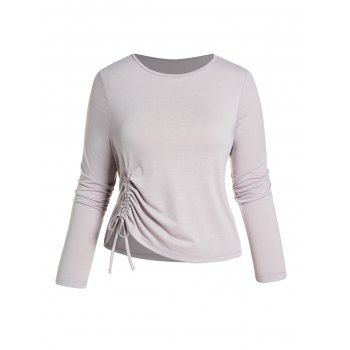 

Plus Size Solid Color Cinched T-shirt Long Sleeve Round Neck Casual Curve Tee, Light gray