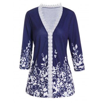 

Printed T Shirt Lace Insert Scalloped Plunging Neck Three Quater Sleeve Casual Tee, Blue