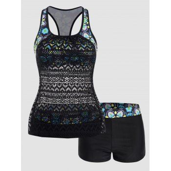 

Flower Print Sheer Mesh Panel Tankini Swimsuit Padded Racerback Tankini Two Piece Swimwear Boyleg Bathing Suit, Black