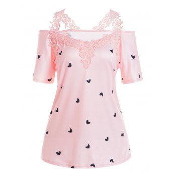 

Heart Print T Shirt Lace Insert Cold Shoulder Short Sleeve Casual Tee, Light pink
