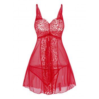 

Sheer Flower Lace Panel Slit Lingerie Set See Thru Mesh Adjustable Strap Lingerie Two Piece Set, Red