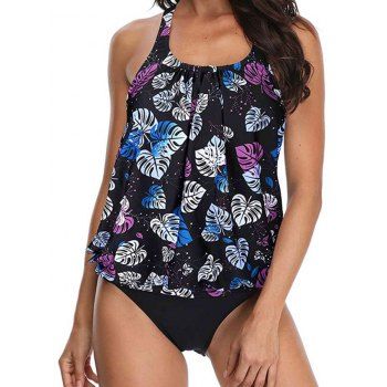 

Colored Leaf Print Tankini Swimsuit Padded Strap Modest Swimwear Vacation Bathing Suit, Multicolor