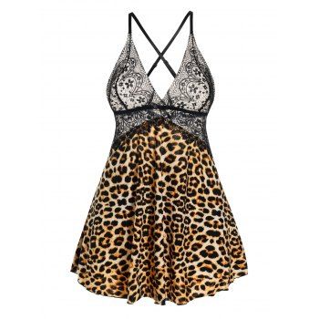 

Plus Size See Thru Lace Panel Leopard Print Lingeries Dress And T Back Lingeries Set, Black