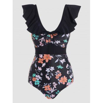 

Flower Print One-piece Swimsuit Ruffles Cinched Adjustable Straps Cut Out One-piece Swimwear, Multicolor a