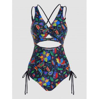 

Allover Floral Leaf Print One-piece Swimsuit Front Twist Cut Out Cinched Monokini Swimwear, Multicolor a