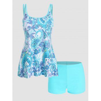 

Paisley Flower Leaf Print Vacation Tankini Swimsuit Adjustable Straps Padded Tankini Two Piece Swimwear Boyleg Bathing Suit, Light blue