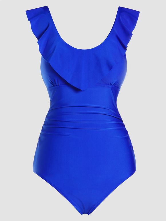 Plain Color One-piece Swimsuit Flounce Ruched Padded Strap One-piece Swimwear - DEEP BLUE 2XL