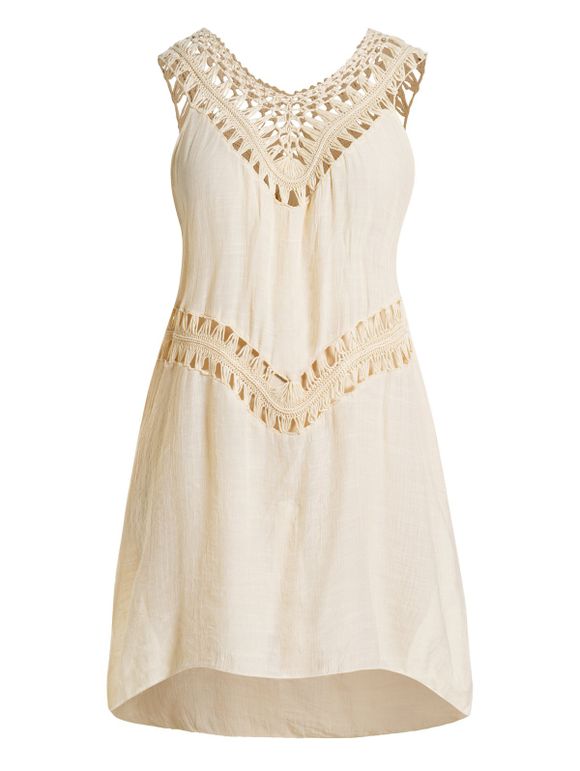 Plus Size Cover-up Dress Plain Color Hollow Out Crochet Mini Cover-up Dress - LIGHT YELLOW XXL