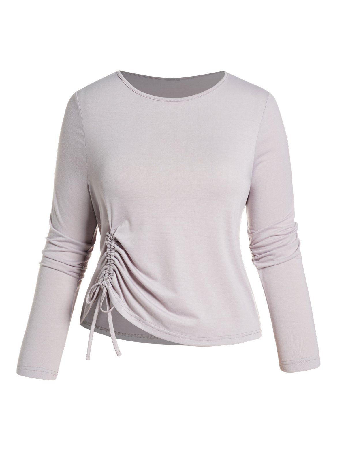 Plus Size Solid Color Cinched T-shirt Long Sleeve Round Neck Casual Curve Tee - LIGHT GRAY 4XL