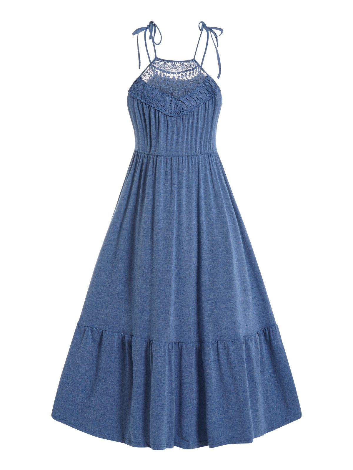 Tied Shoulder Tiered Dress Plain Color Hollow Out Lace Panel Trapeze Midi Dress - BLUE XL
