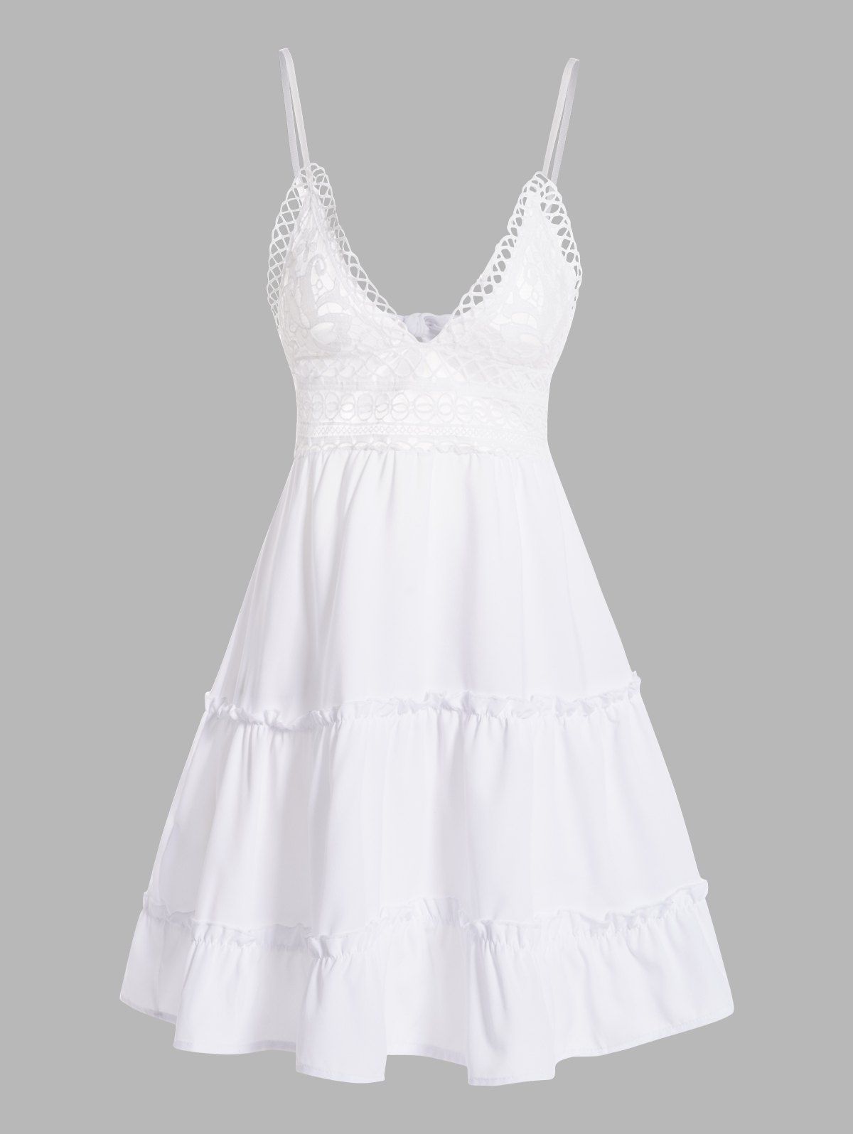 Floral Lace Panel Vacation Mini Dress Adjustable Strap Bowknot Ruffles Backless Plunge A Line Dress - WHITE XL