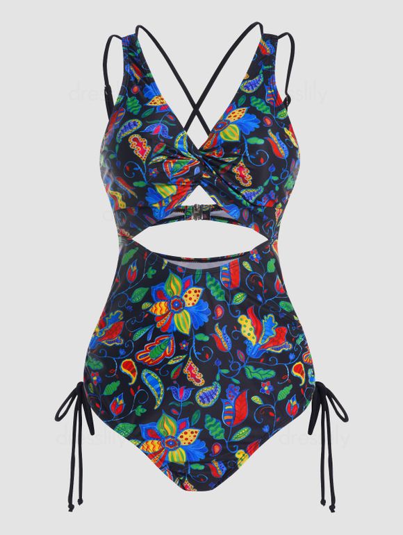Ensemble de Bikini de Bain Monokini Une-Pièce Découpé Plissé Torsadé en Avant à à Imprimé Feuille Fleurie - multicolor A XXL